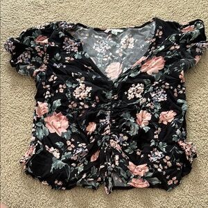 American Eagle Outfitters Black and Pink Ruched Tie Front Blouse